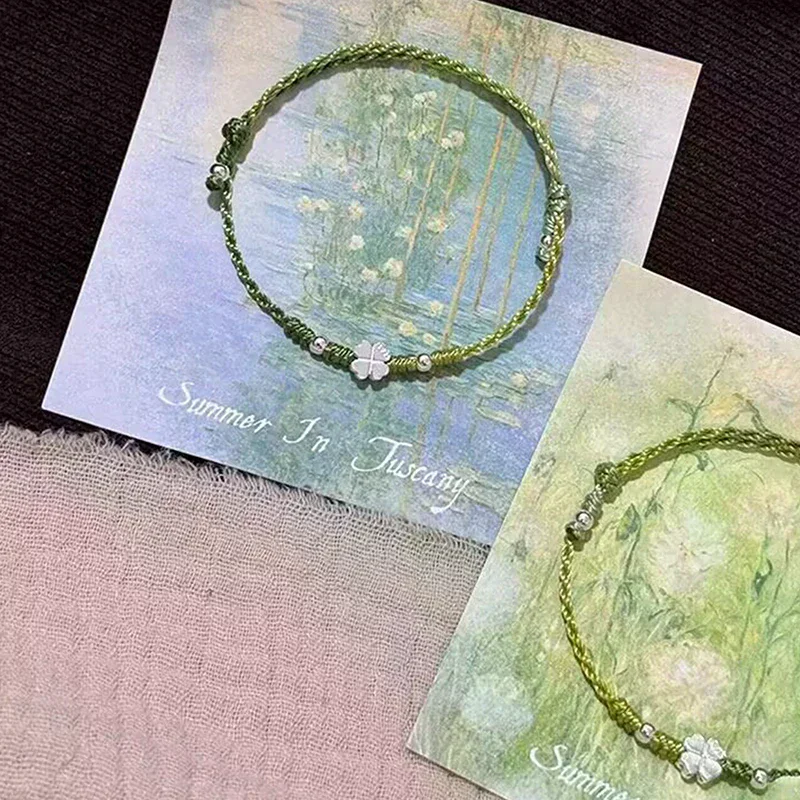 Green Four Leaf Clover Handmade Braided Rope Bracelet Delicate Lucky Bangle Jewelry Gift