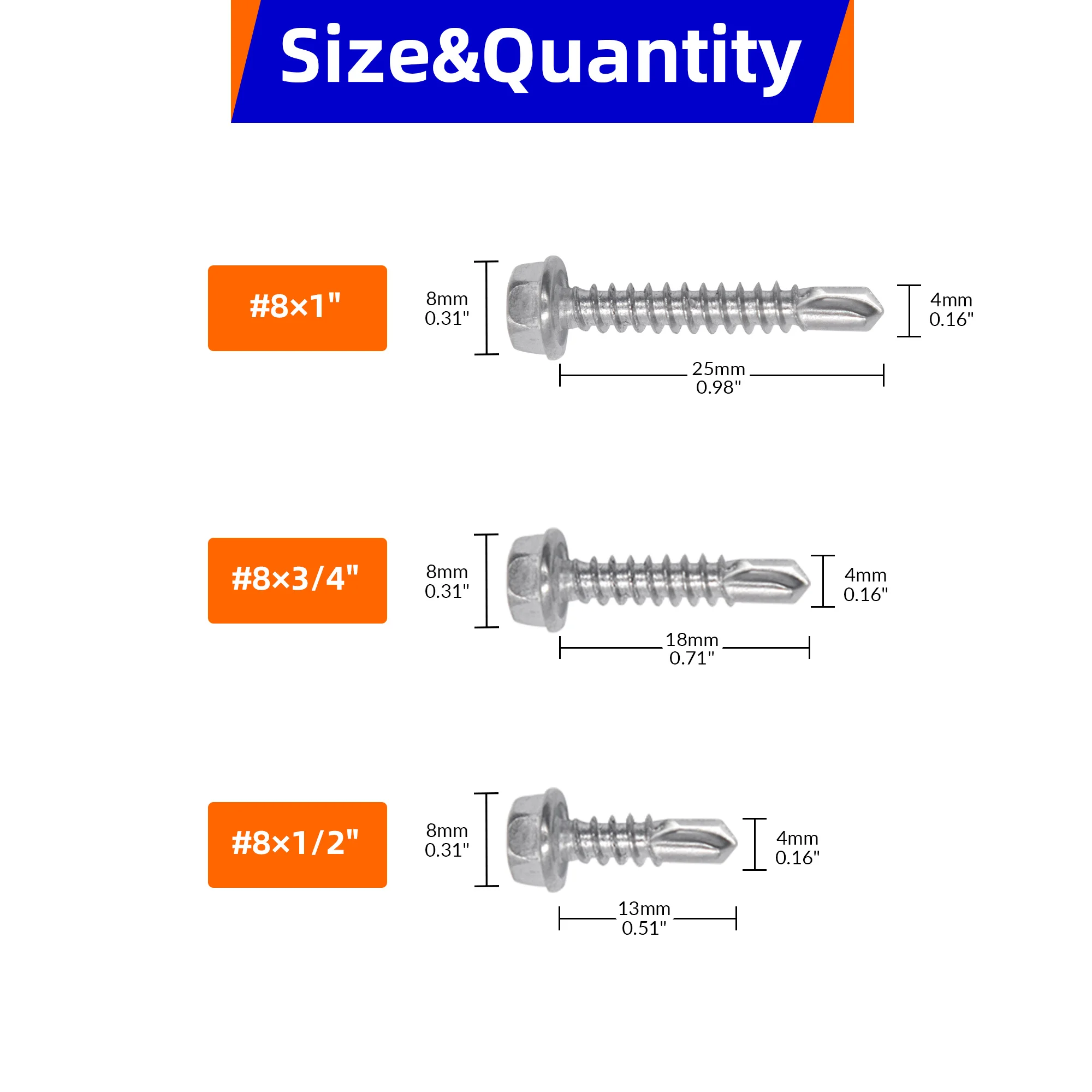 260 Pieces 410 Stainless Steel Self Tapping Screws,Hex Head Self Drilling Screws for Metal,  #8 x 1