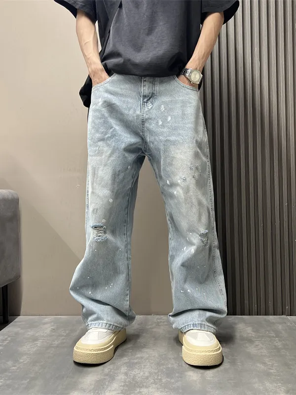 

Retro Waed American Sle Men's Jeans Spring Autumn Loose Wide Leg Light Blue Straight Casual Pants Youth Faion
