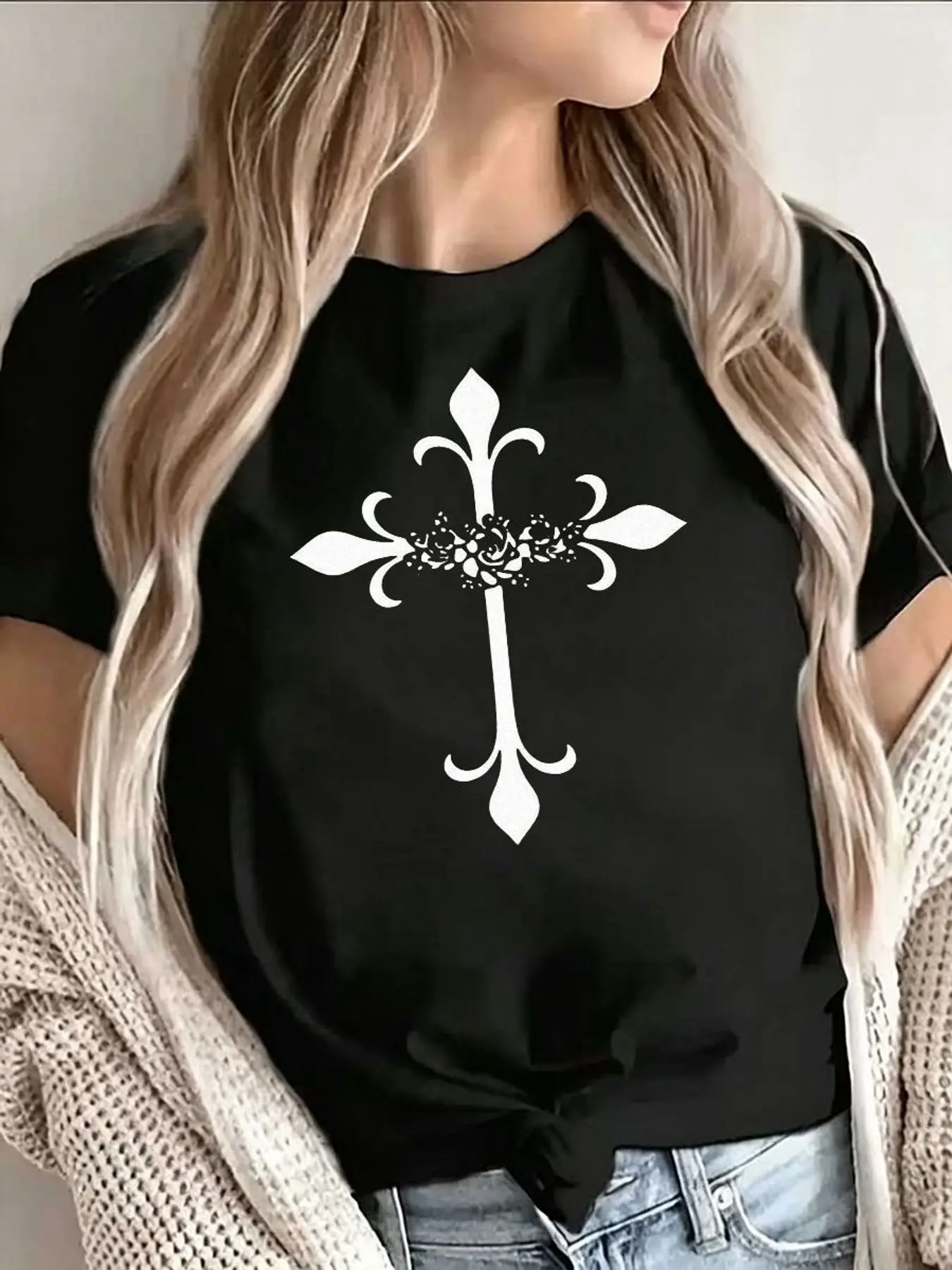 Gothic Cross Floral Graphic T Shirt Women Fashion Stretchy Plus Size Tops Short Sleeve Casual Summer Soft Tee Clothes
