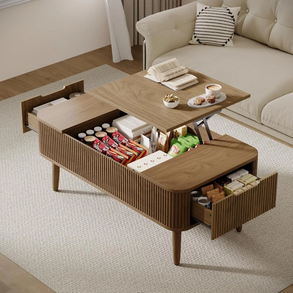 Mid Century Modern Wooden Fluted Lift Top Coffee Table with Hidden Storage, Rectangular Center Table