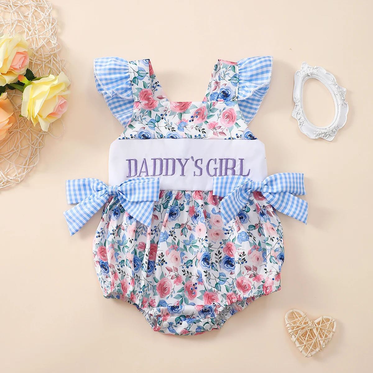 Baby Girl Father's Day Floral Romper 0-2T Gingham Big Bow DADDY'S GIRL Embroidery Summer Sling Onesie