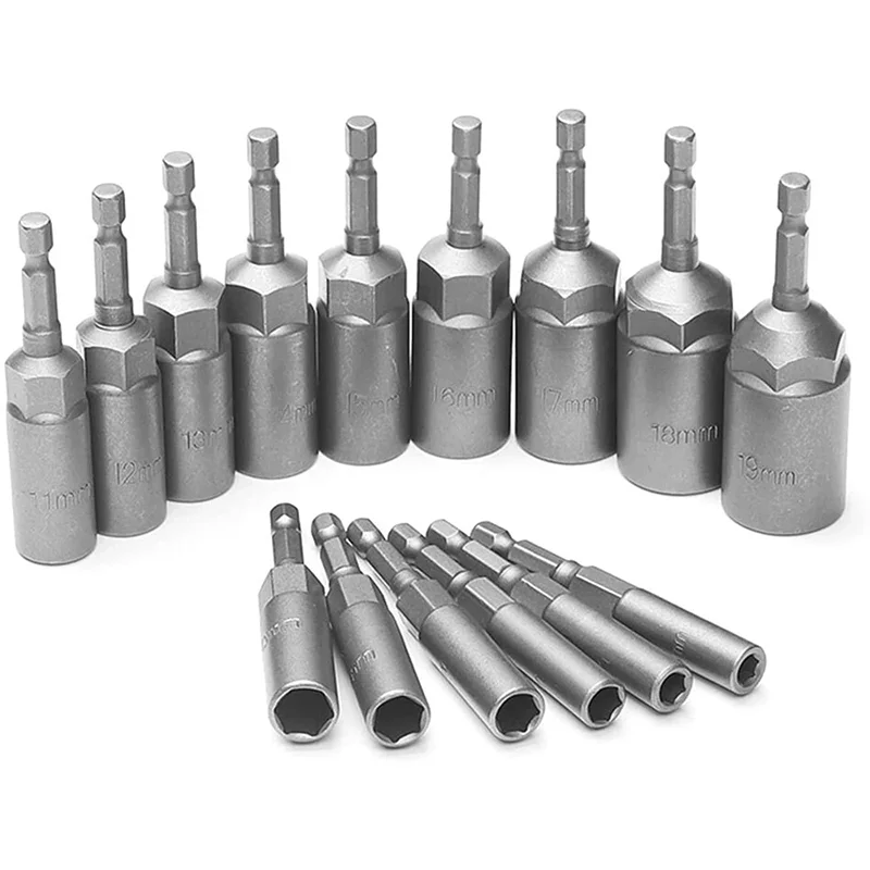 15Pcs 80mm Length Deepen Power Nut Driver Drill Bit Set 5.5-19MM Impact Socket Adapter for Power Tools 6.35MM Hex Shank