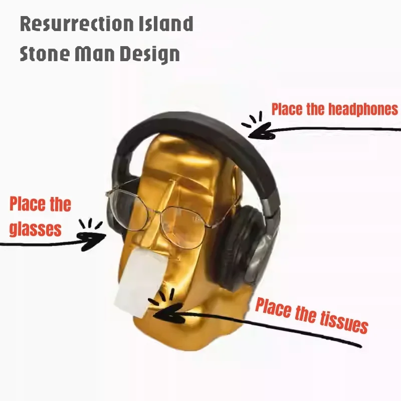 Creative Design Desktop Earphone Holder Easter Island Headphones Stand with Adorable Tissue Box Glasses Holder Headset Hanger