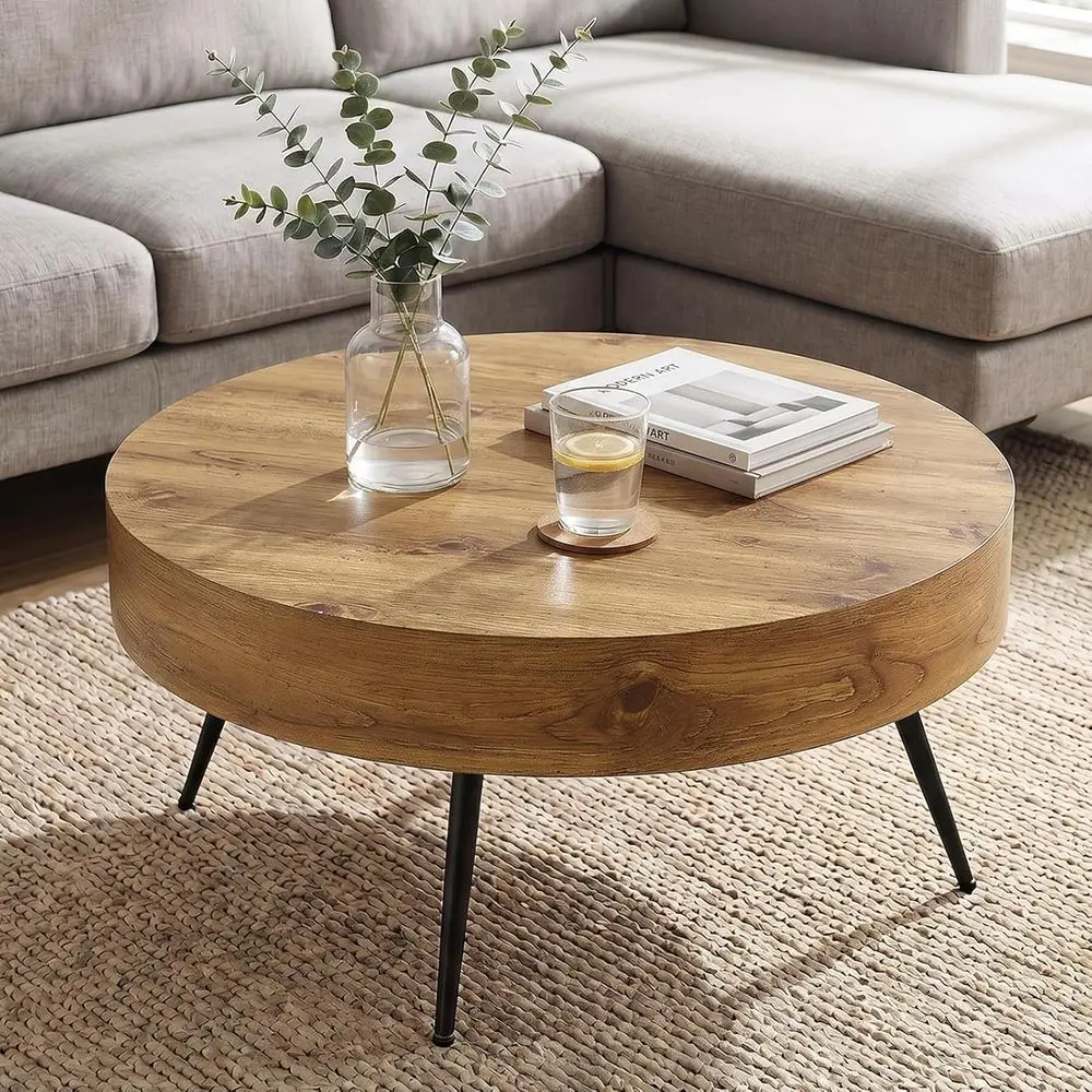 Compact Metal-Legged Coffee Table for Accent and Living Room Use in Small Spaces (31.5 Diameter - Brown)