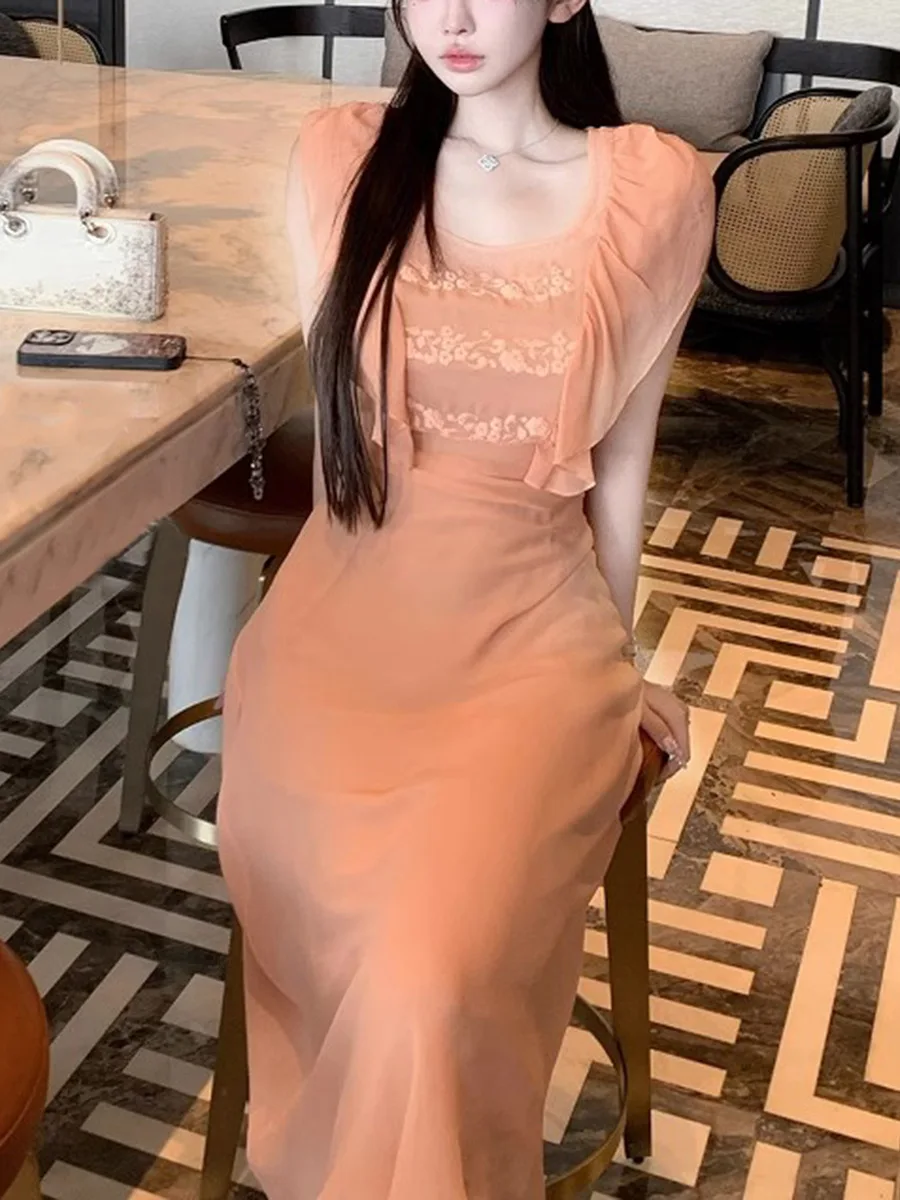 

Элегантное вышитое платье миди с завышенной талией, фасон «рыбий хвост», без рукавов, длинное, женское летнее модное платье