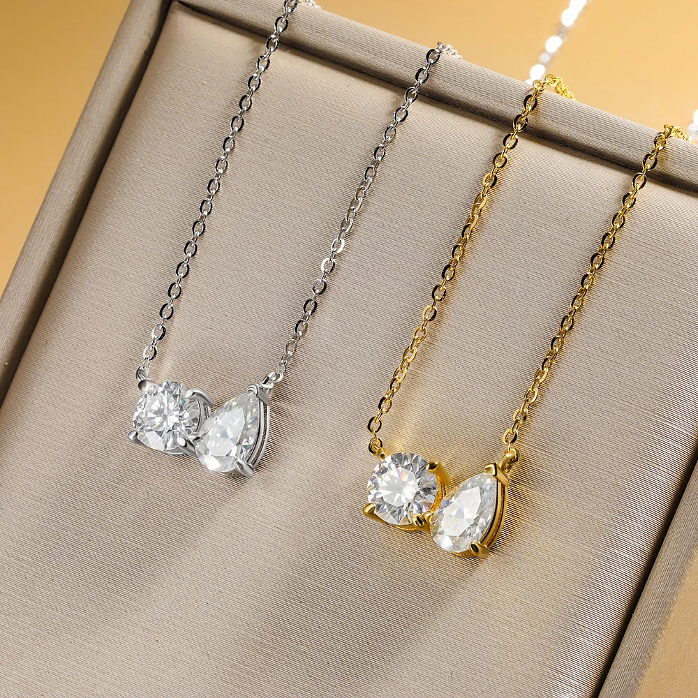 1CT Round & Teardrop Moissanite Pendant Necklace for Women 925 Sterling Silver 18k Gold Plated Neck Chain Wedding Jewelry GRA