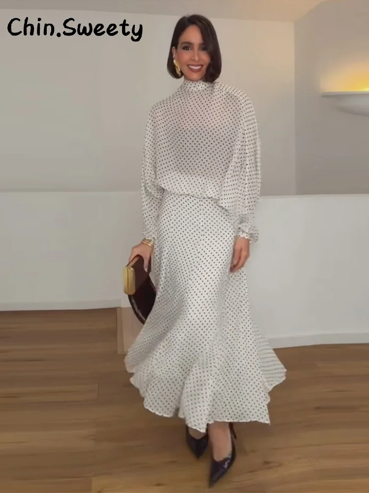 Elegante Conjunto de Falda y Blusa de Mujer con Estampado de Lunares y Lazo, Blusa de Manga Larga con Cuello Alto y Faldas Largas Plisadas de Línea A, Traje de Primavera 2026 para Dama
