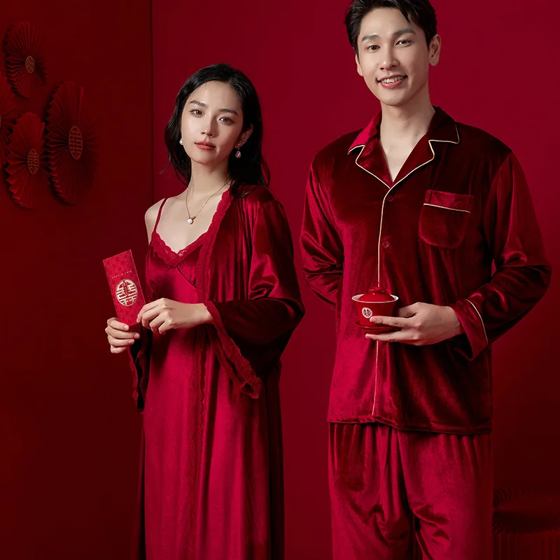 Burgundy Velvet Bride Long Robe Nightgown Set Wedding Gift Couple Sleepwear Autumn Winter Velour Loose Home Wear Lounge Wear