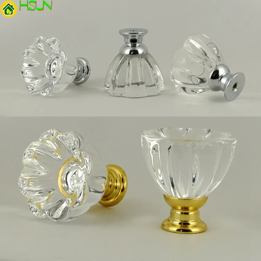 Fashion Creative Petal Clear Glass Crystal Drawer Shoe Cabinet Knob Pull Silver Golden Kitchen Cabinet Cupboard Door Handle 32mm