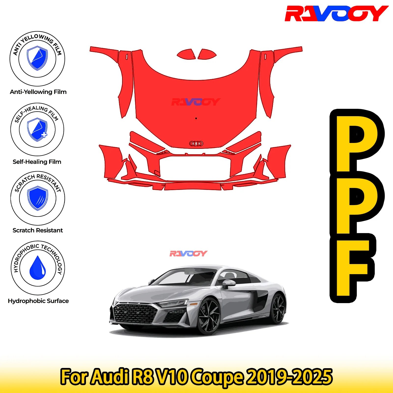 

Для Audi R8 V10 Coupe 2019-2025 глянцевая матовая черная предварительно вырезанная передняя PPF комплект защитной пленки для краски