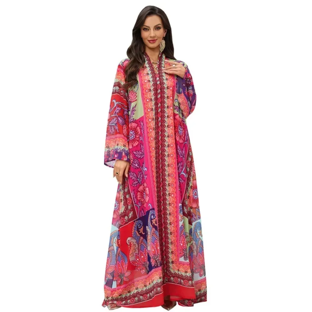 Eid Abaya Women Party Dress Print Jalabiya Diamond Muslim Dubai Longue Vestidos Largos Ramadan Morocco Prayer Caftan Robe Abayas