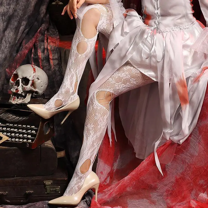 loween Sexy k Embroidery Skull Spider Net Stoings Hollow out Torn Finet Leggings Translucent Women's Panhose