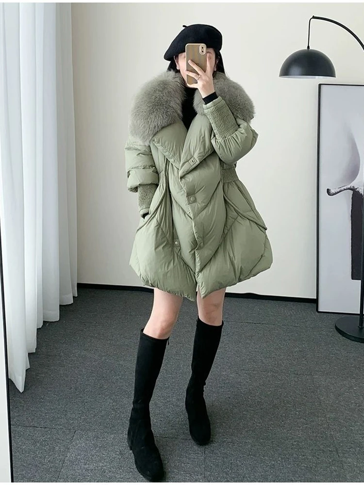 Winter 2024 New Big Fur Collar White Duck Down Puffer Jacket Medium Length Coat for Women Warm Thicken Loose Parka