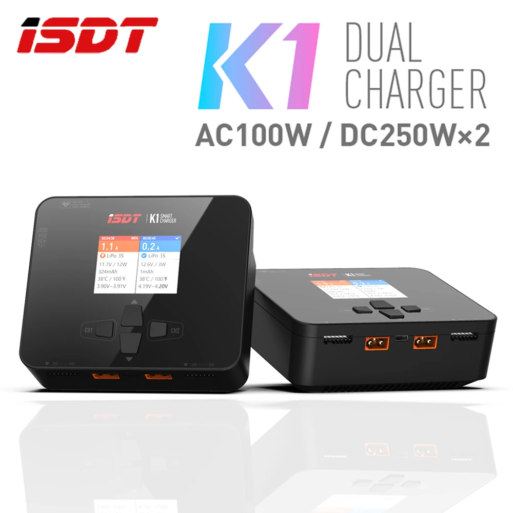 ISDT K1 AC100W / DC250Wx2 Dual Mode Dual Channel Fast Charger 2.4″ IPS LCD Display for LiFe Lilon LiPo LiHv Pb NiMH/Cd Battery