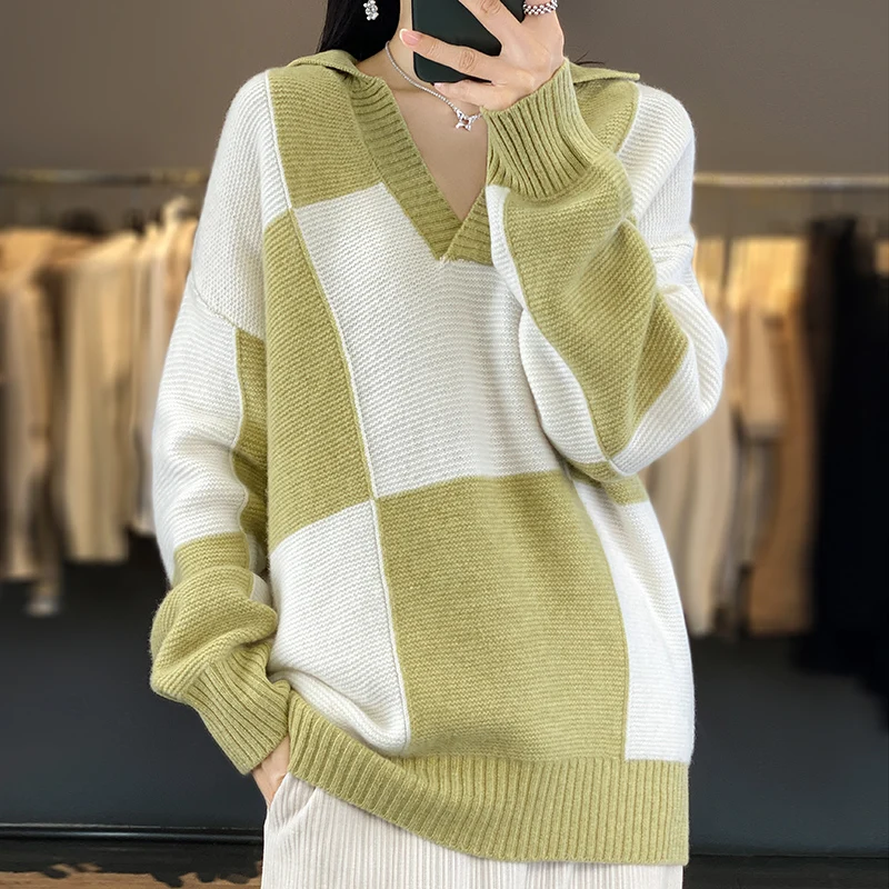 Color blocking high-end light luxury style sweater for women's new autumn and winter POLO collar Blouse