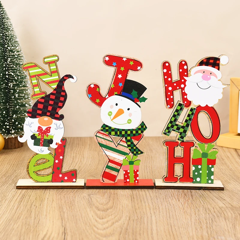 1pc Christmas Wooden Stands Desktop Ornaments Wood Craft Hoho Joy Noel Letters Printed Welcome Stand Christmas Party Decorations