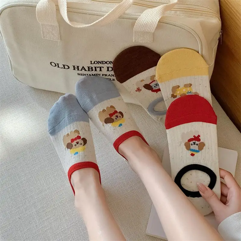4 paires de chaussettes pour femmes ensemble nouvel été mince dessin animé chiot mignon Kawaii cheville chaussettes bouche légère Silicone anti-dérapant chaussettes invisibles