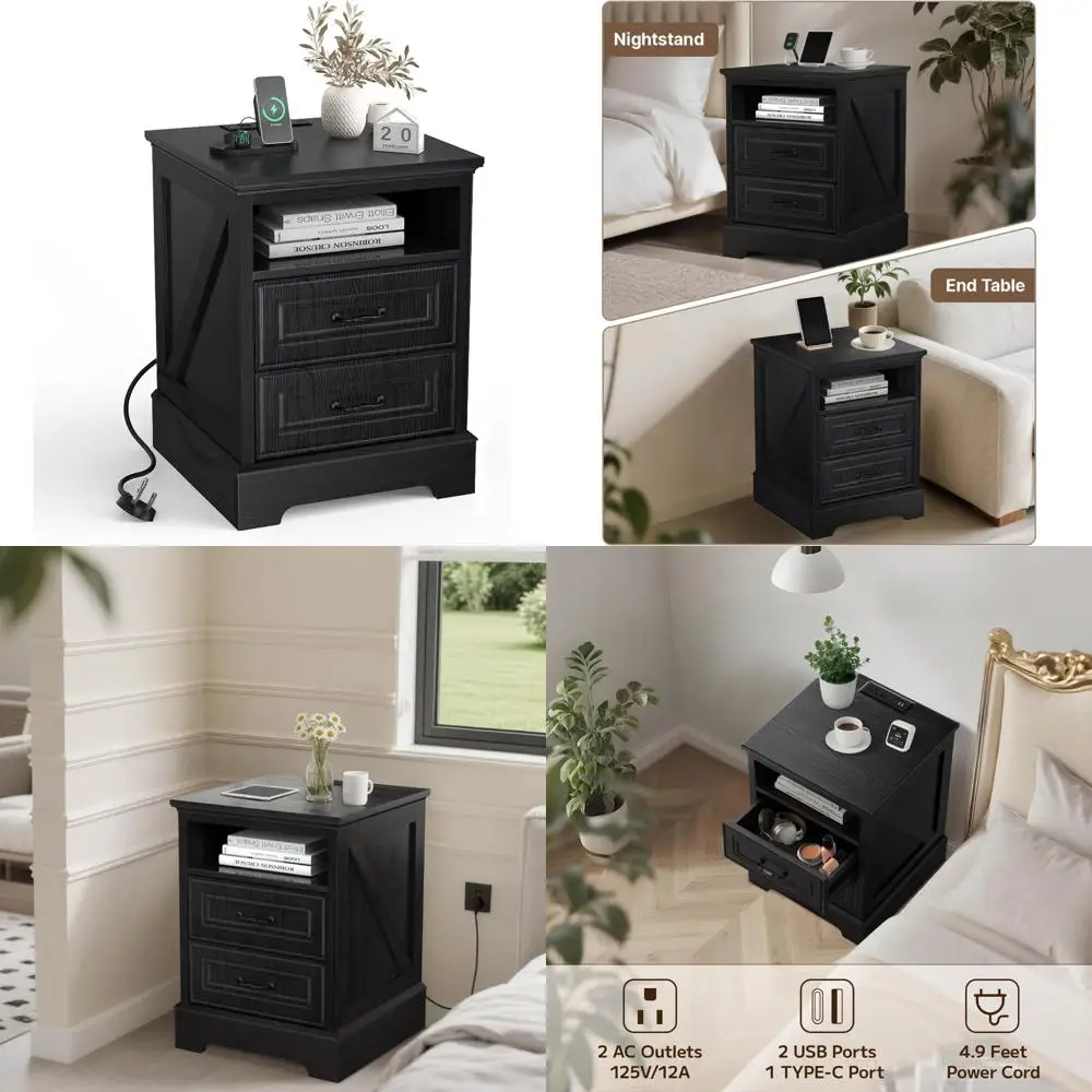 mesa de cabeceira de carregamento de porta dupla com gavetas, mesa final usb/tipo-c de 18"