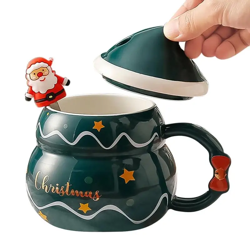 Christmas Tea Cup 500ml Ceramic Espresso Cup With Christmas Hat Lid And Santa Spoon Juice Cup With Handle For Women Girls