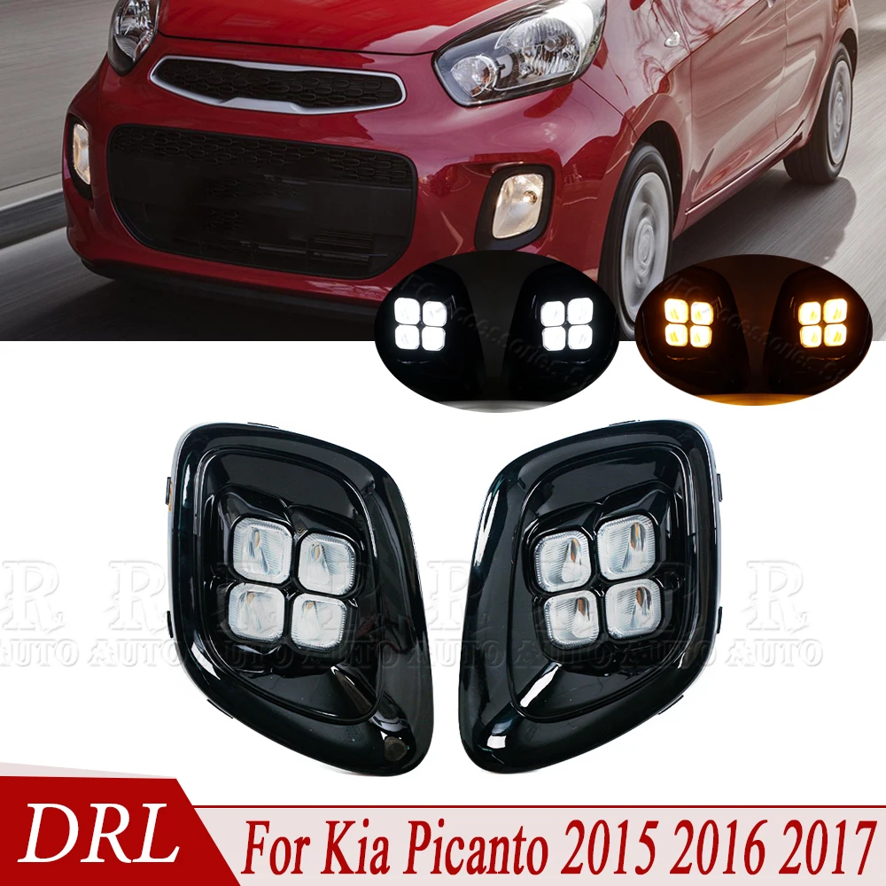 For Kia Picanto 2015 2016 2017 1Pair LED DRL Daytime Running Light LED Front Bumper Fog Lights Turn Signal Lamp Headlight