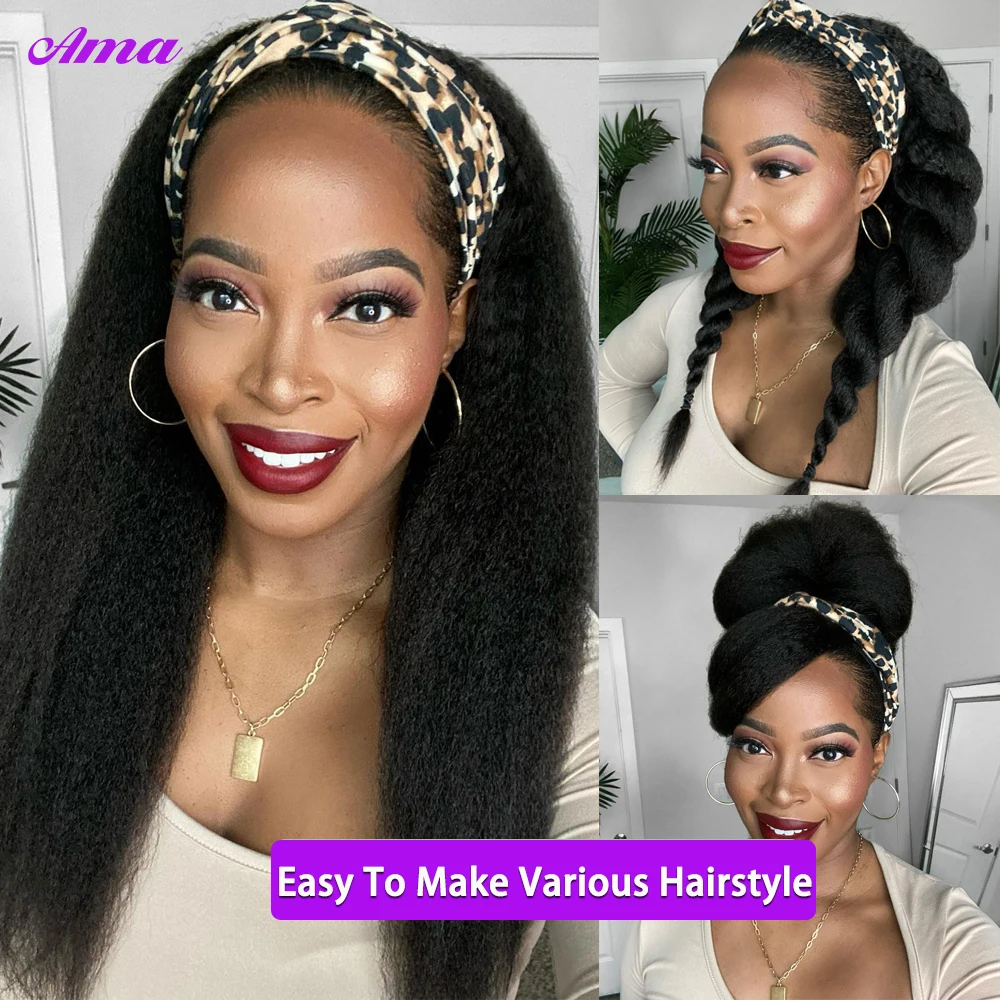 Long Thick Kinky Straight Headband Wig Human Hair Gluessless Full Machine Wigs Yaki Headband Human Hair Wigs For Women 10-26inch 