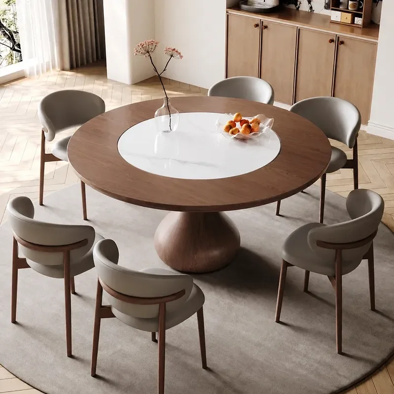 Retro Solid Wood Round Dining Table with Built-in Automatic Rotating Induction Cooker and Vegetable Warming Turntable for