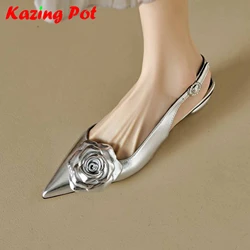 Krazing Pot Sheep Skin Shallow Summer Shoes Gladiator Princess Flowers Pointed Toe Med Heels Buckle Straps Slingback Women Pumps