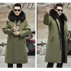 Military green cotton coat, men's imitation raccoon coat, thickened inner lining, medium length detachable fur coat