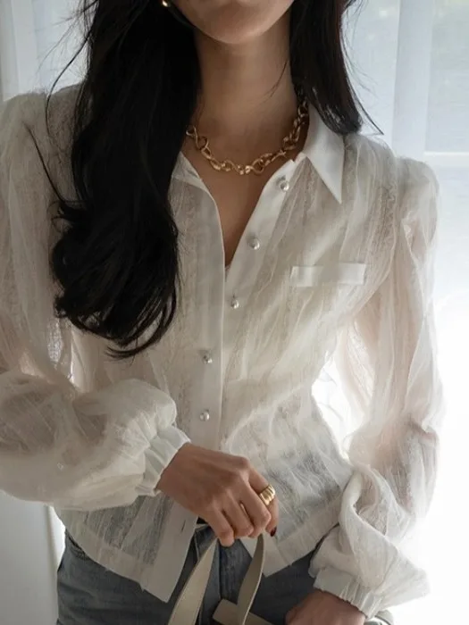 

Ele Bubble Sve irt Women's Early Autumn New Sle Versatile Breathable 3D Crochet Flower Design Office Commute Faion