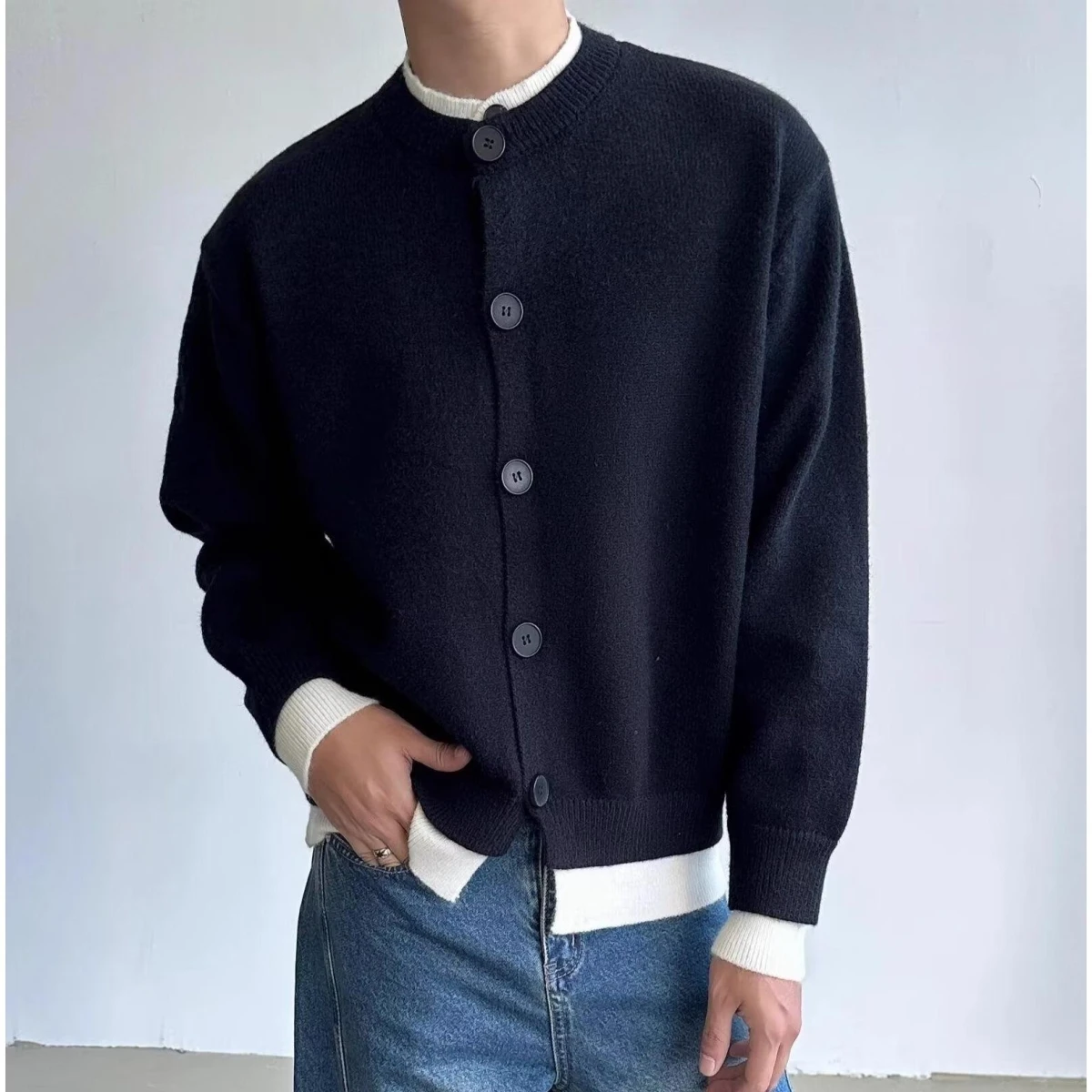 

Корейский вязаный свитер Lazy Sle в стиле casual с круглым вырезом, повседневный кардиган для молодых мужчин на осень