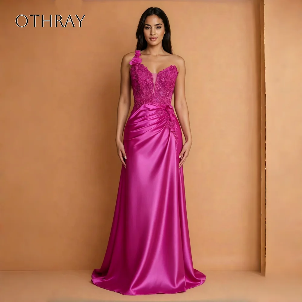 One-Shoulder-Abendkleider mit Spitzenblumen, A-Linie, Satin, gerüscht, bodenlang, ärmellos, plissiert, Ballkleid, individuell gestaltet