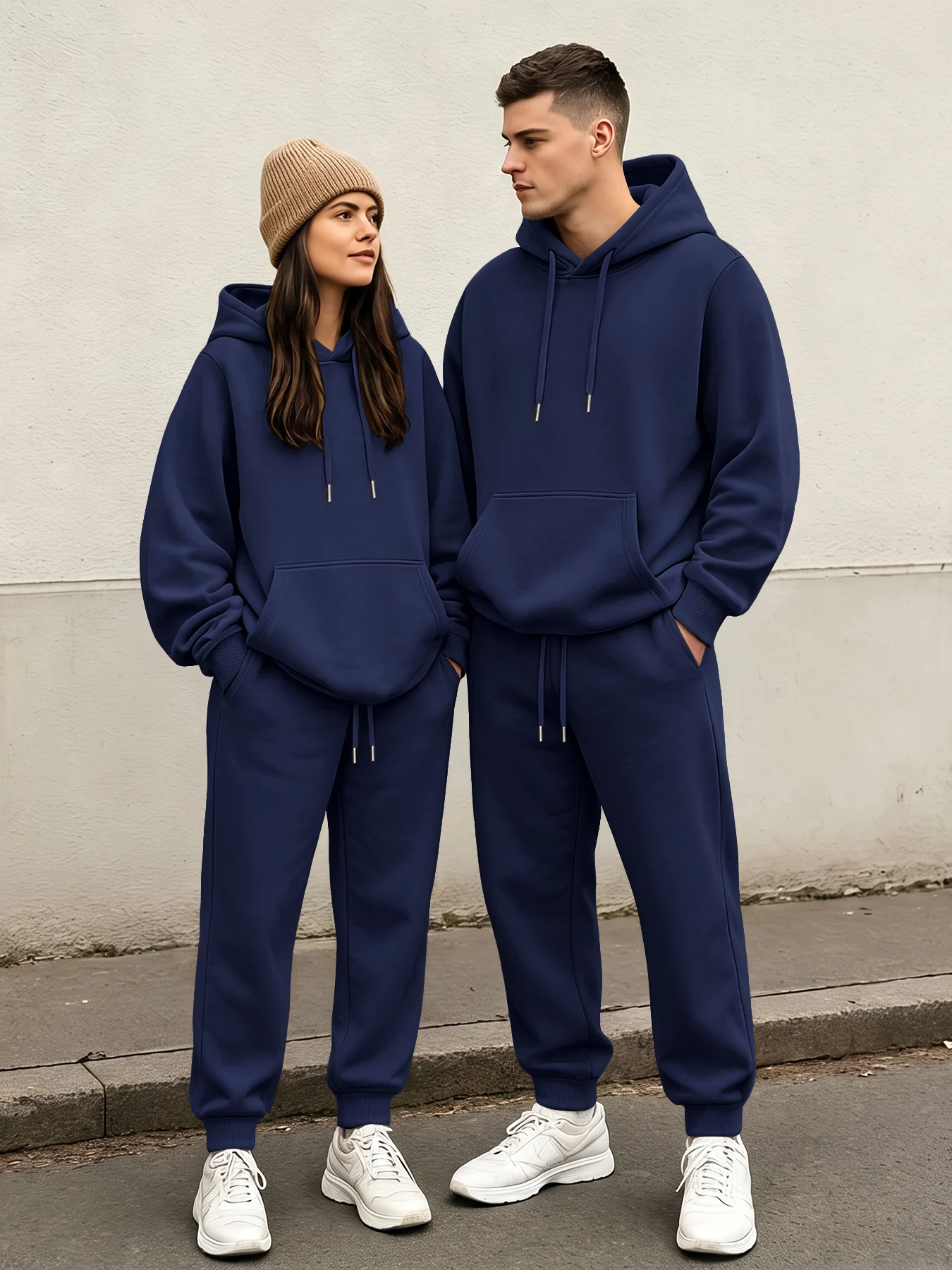 Spring‑Fall Couple Hoodie Set, Unisex Solid‑Color Pullover Two‑Piece Outfit, Loose Casual Sports Sweatpants Suit view 3