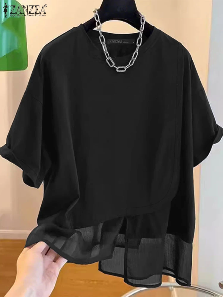 ZANZEA 非対称裾ブラウス女性スタイリッシュな O ネック半袖パッチワーク Tシャツ夏のストリートファッション固体 Blusas Mujer