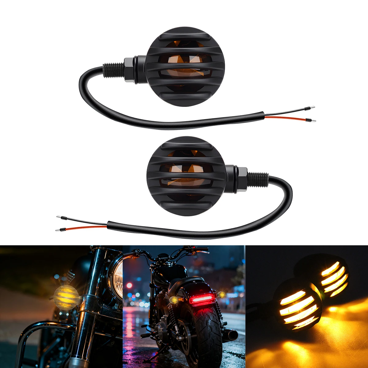 1Pair Motorcycle LED Turn Signal Lights Grille Bullet Head Indicator Blinker Amber Retro Lamp Universal For Harley Cafe Racer