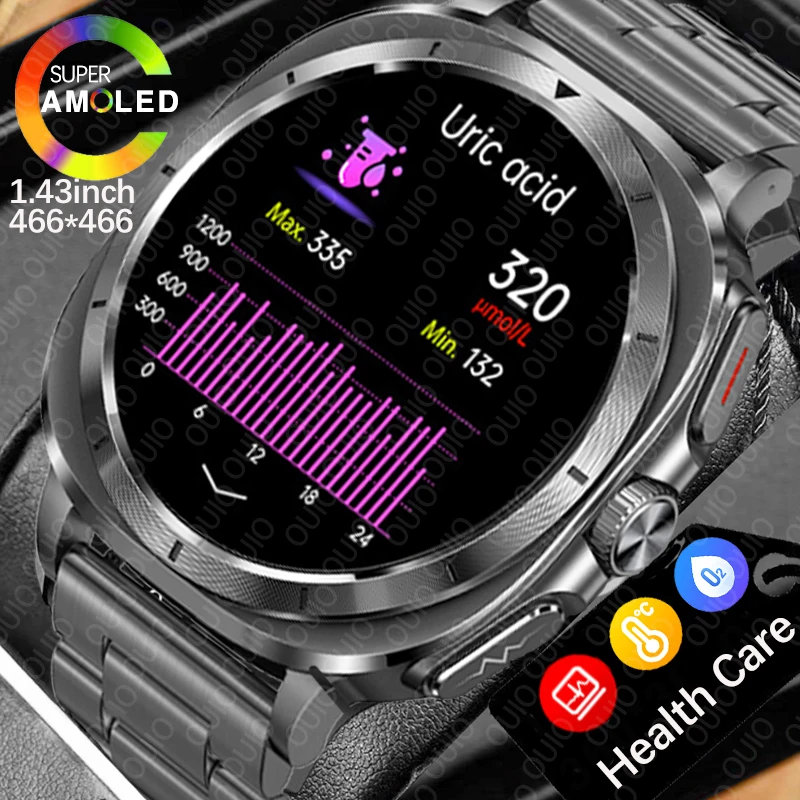 

2026 New Health Watch 1.43 HD Uric Acid Blood Pressure Blood Oxygen Body Analysis Body Fat SmartWatch ECG+PPG IP68 Women Men