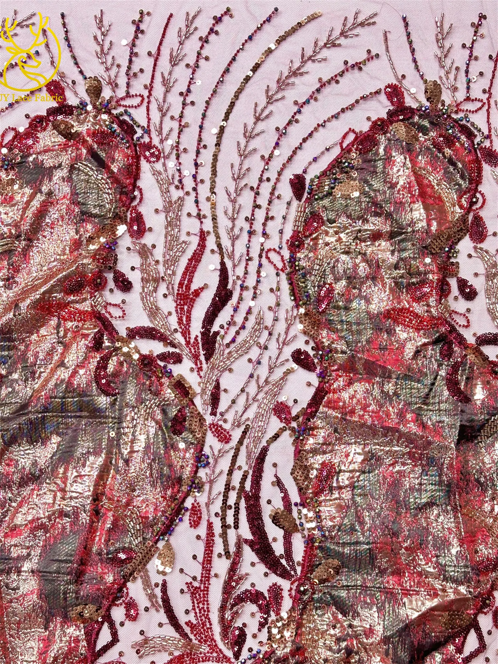 Burgunderroter neuer Design afrikanischer schwere Perlen-Chiffon-Spitzenstoff 2026 Hochwertiger nigerianischer Pailletten-Spitzenstoff für Partykleider – Detail 7