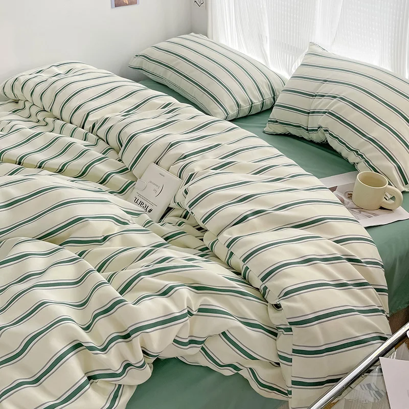 Green Stripe Series Printed Soft Bedding Set Duvet Cover Bedclothes Bedspread Pillowcases Flat Sheets Comforter Sets for Girls