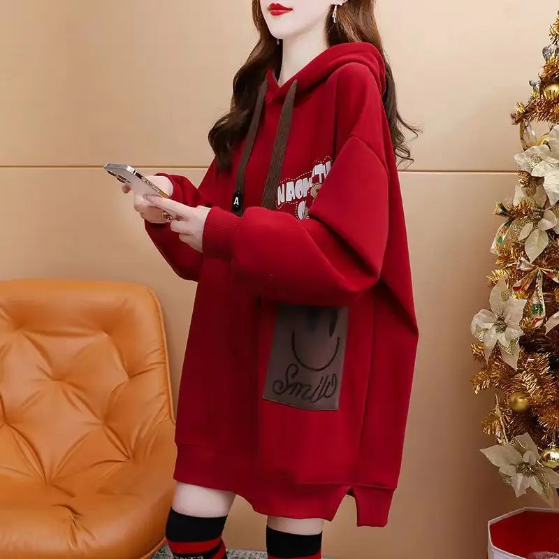 Mid Length Hoodie Women Clothing Plus Size Sweatshirts Red Casual Coat Pullover Hoodies Long Sleeve Tees Apricot Colored Top