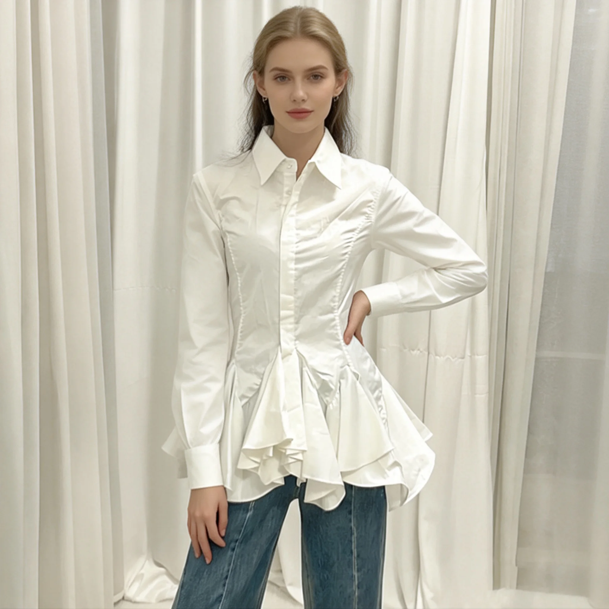 

Women Fashion Slim Fit Shirt Lapel Long Sleeve Spliced Button Blouse