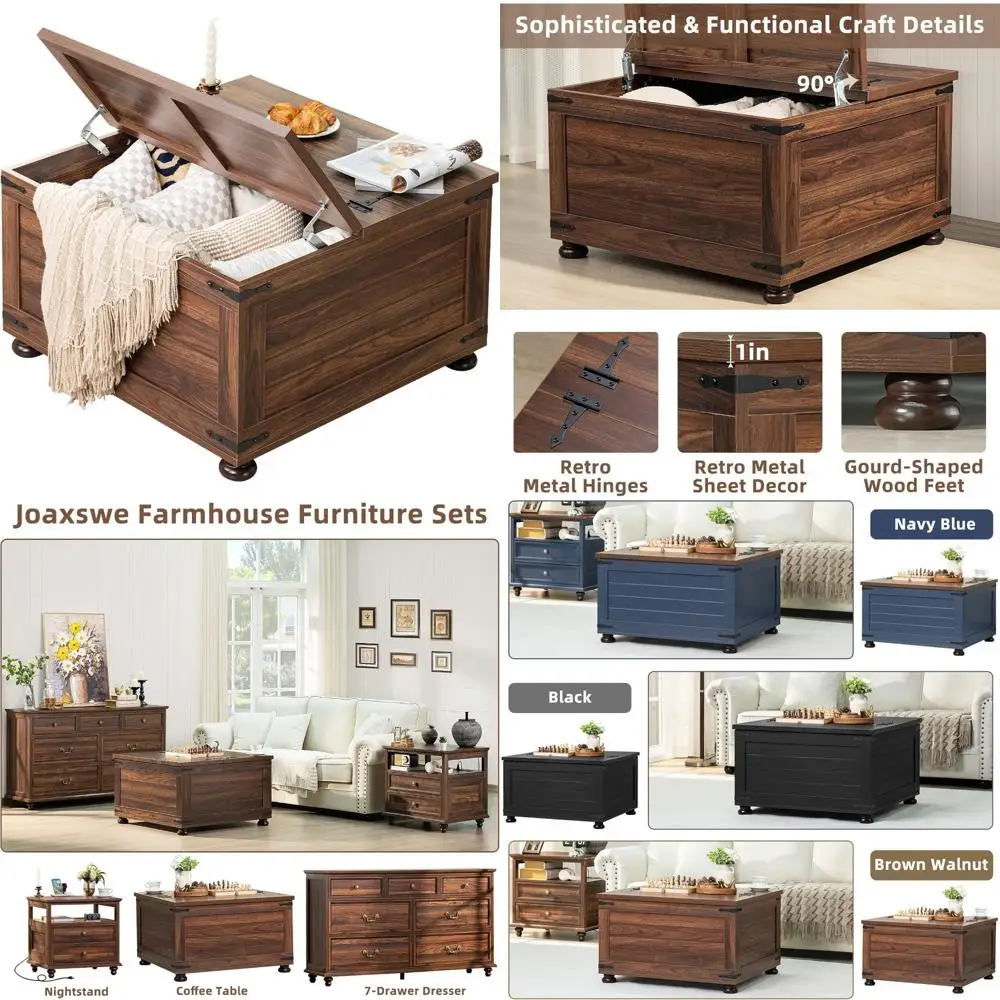 Rustic Farmhouse Coffee Table with Hidden Storage, Large Square Living Room Center Table, Retro Flip-Top Cocktail Tables