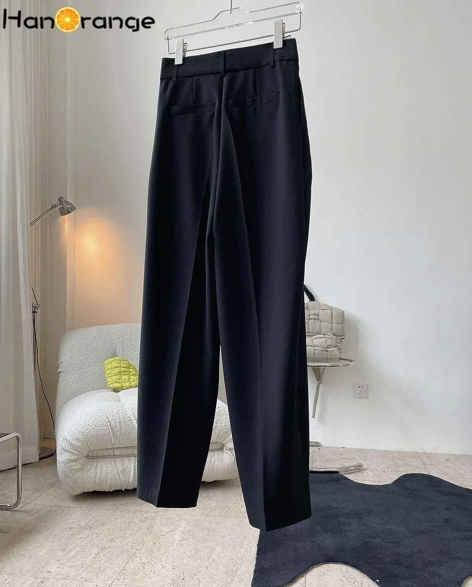 HanOrange Folded Waist Straight Pants Women Spring Autumn Designer Style Loose Female Trousers Black