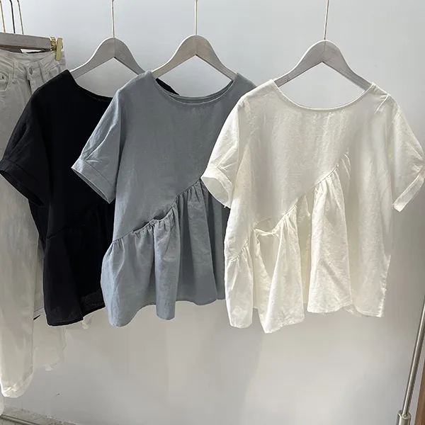 Damenbluse im Leinen-Look mit gerafftem Peplum, Rundhalsausschnitt, Kurzarm, lässige Tunika mit Taschen, locker sitzendes Sommerhemd