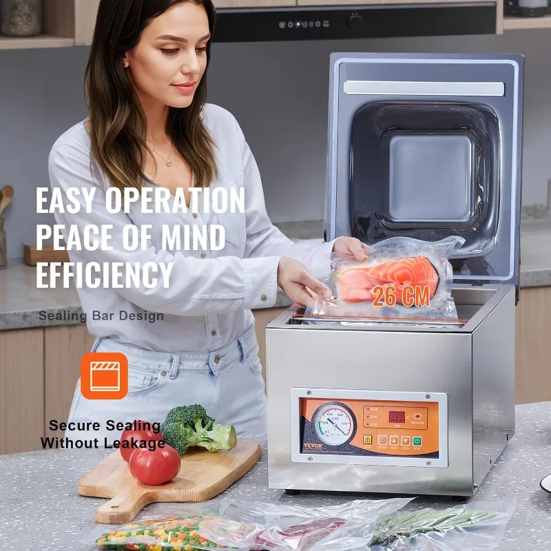 ماكينة تفريغ الهواء للغرفة VEVOR، قوة إغلاق 260 وات، ماكينة تعبئة مفرغة للأطعمة الرطبة واللحوم والبللات والمزيد