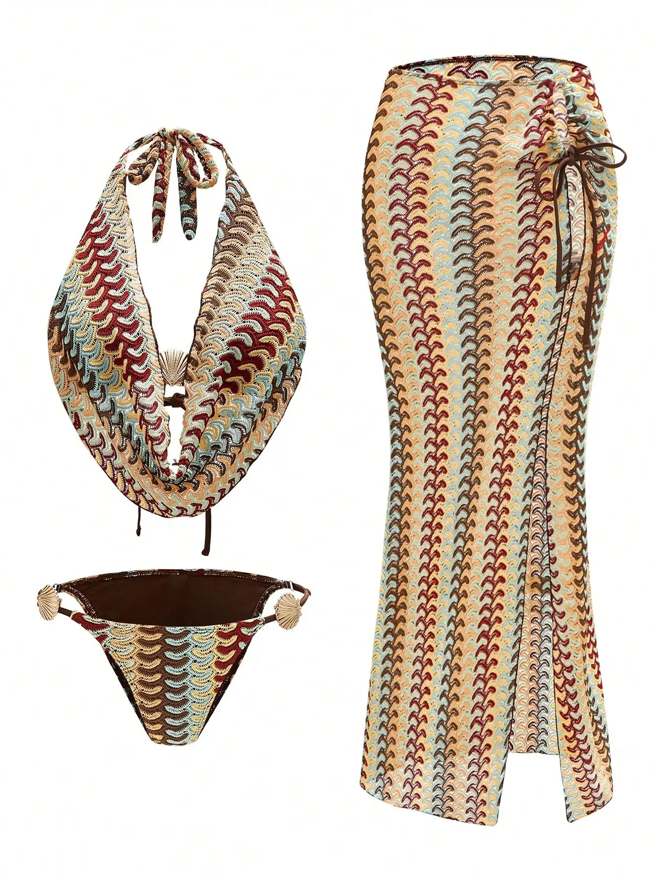 

Летний пляжный комплект для женщин: топ-халтер, бикини с завязками по бокам и юбка-парео из уникальной ткани с узором.