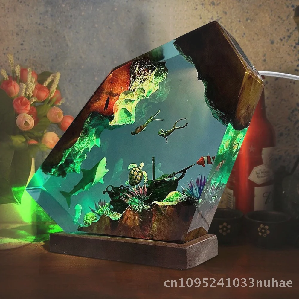 

Great White Shark Turtle Diver Resin Night Light - Creative Wooden Crafts Gift for Christmas Or Birthday 6-10 Inch Size Options