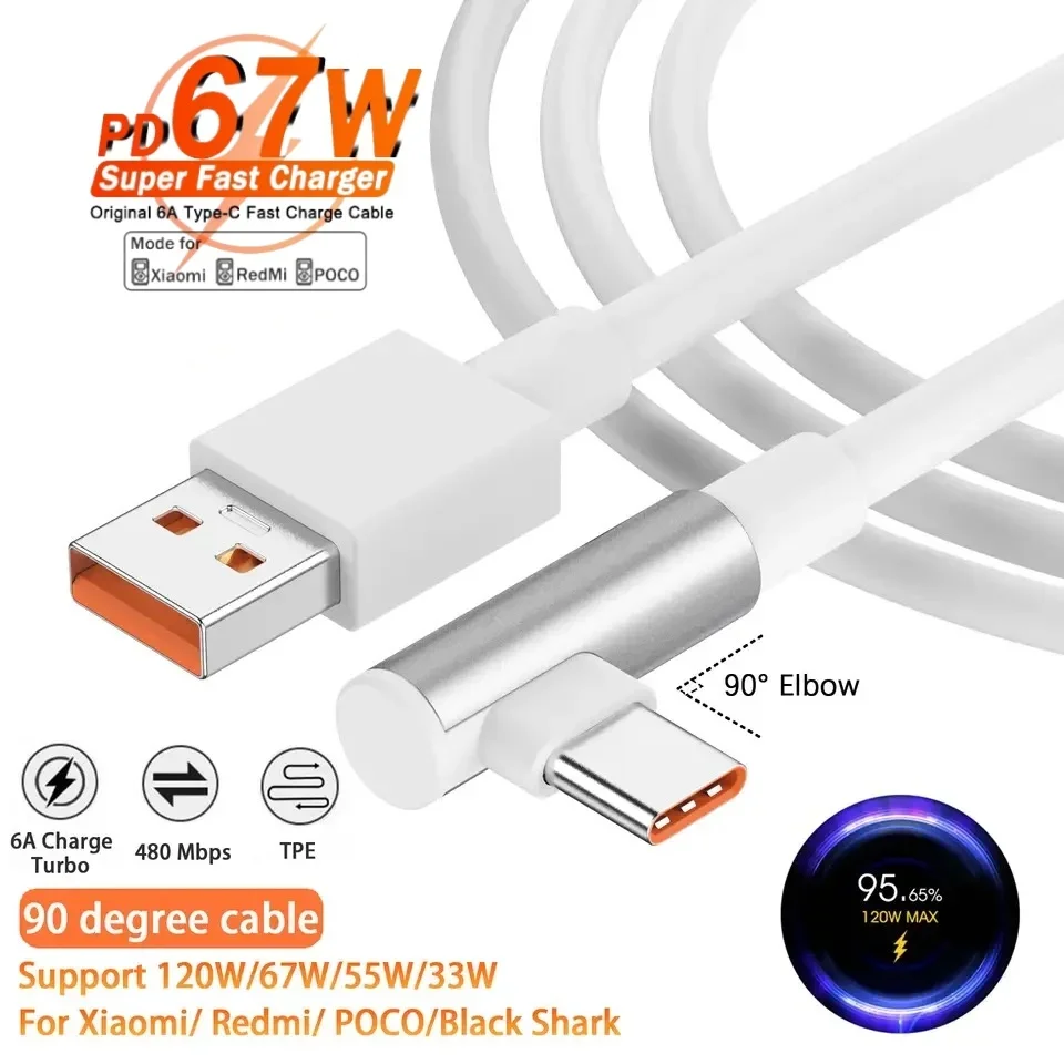 

67W Xiaomi 6A USB Type C Turbo Charge Cable For Mi 14 13 12 Pro Poco F4 GT Redmi Note 13 12 K60 90 Degree Tipo C Cabo