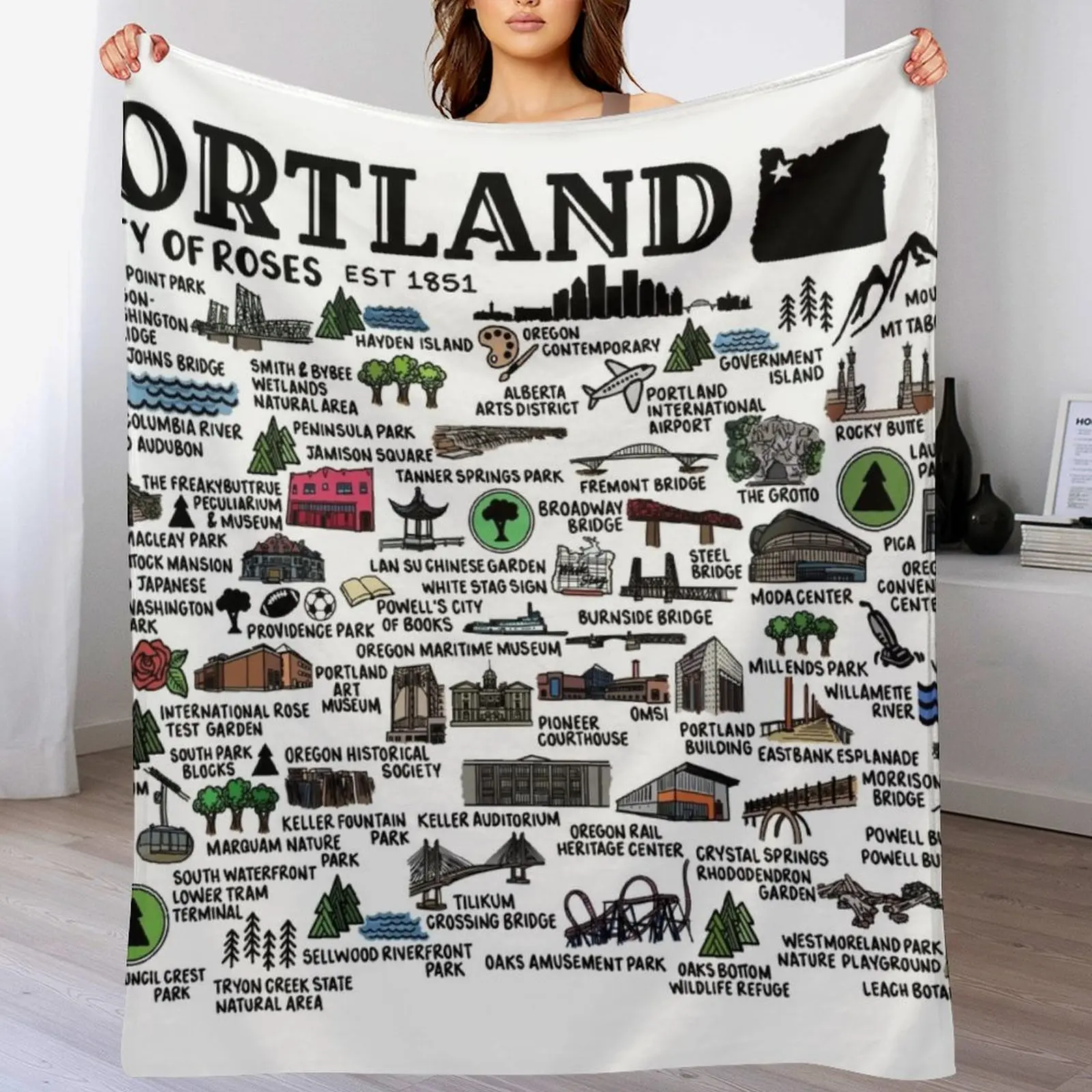 

Portland Oregon Map Throw Blanket Machine Washable Soft Warm Blanket