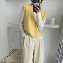 Waistcoat Yellow V-Neck Knit Vests for Women Pullover Loose Lady Sweaters Wool New Knitwear The Trip Cheap Clothes Autumn Winter