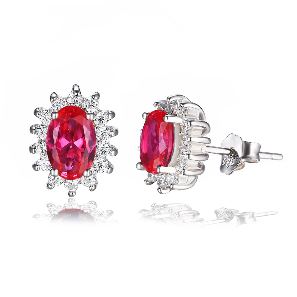 Fashion Jewelry Earrings 6*4mm Oval Ruby Birthstone 925 Sterling Silver Jewelry Stud Halo Earrings for Women